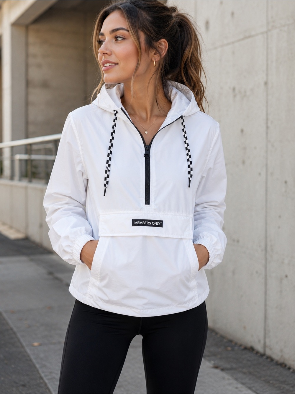 Members Only White Black Windbreaker Jacket XS Quarter Zip Hooded Pullover - Picture 1 of 14